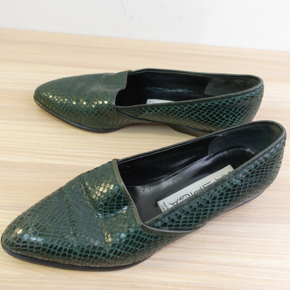 Vintage Snakeskin Flats Womens 5 B Italian Forest Green Leather Loafer VIA SPIGA